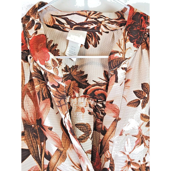 H&M Short Floral Fall Colors Red and Brown Shift Dress Long Sleeve Button Down - Picture 2 of 14